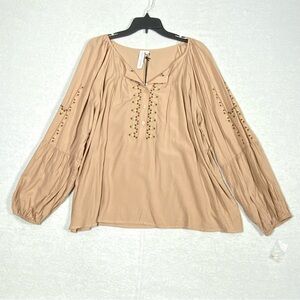 Grace + Karma Boho Blouse Women's L Tan V Neck Long Sleeve Flowy Western Top NWT